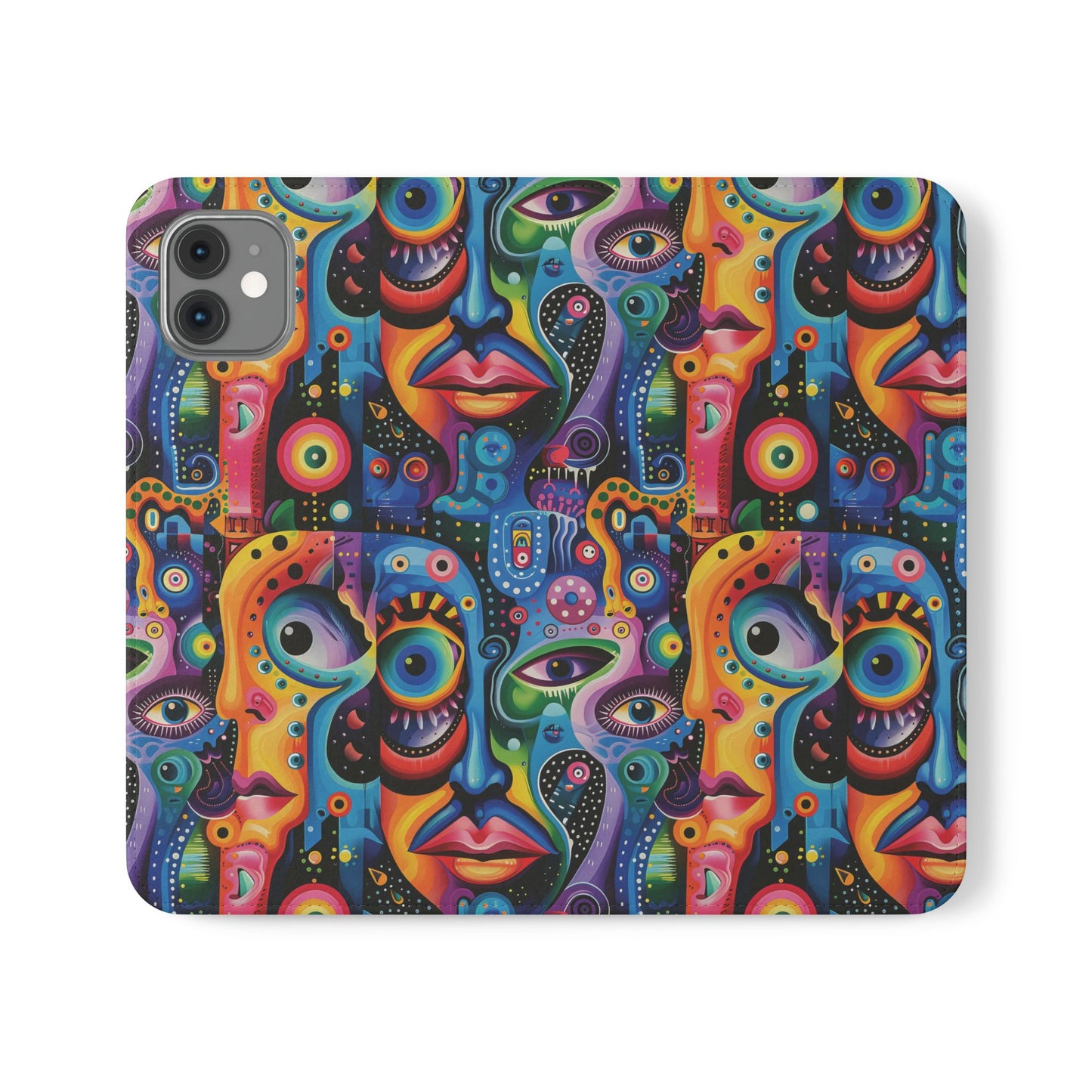 Psychedelic Visions Vibrant Art Flip iPhone and Samsung Phone Case - Colorful Faces Design for Phone Protection
