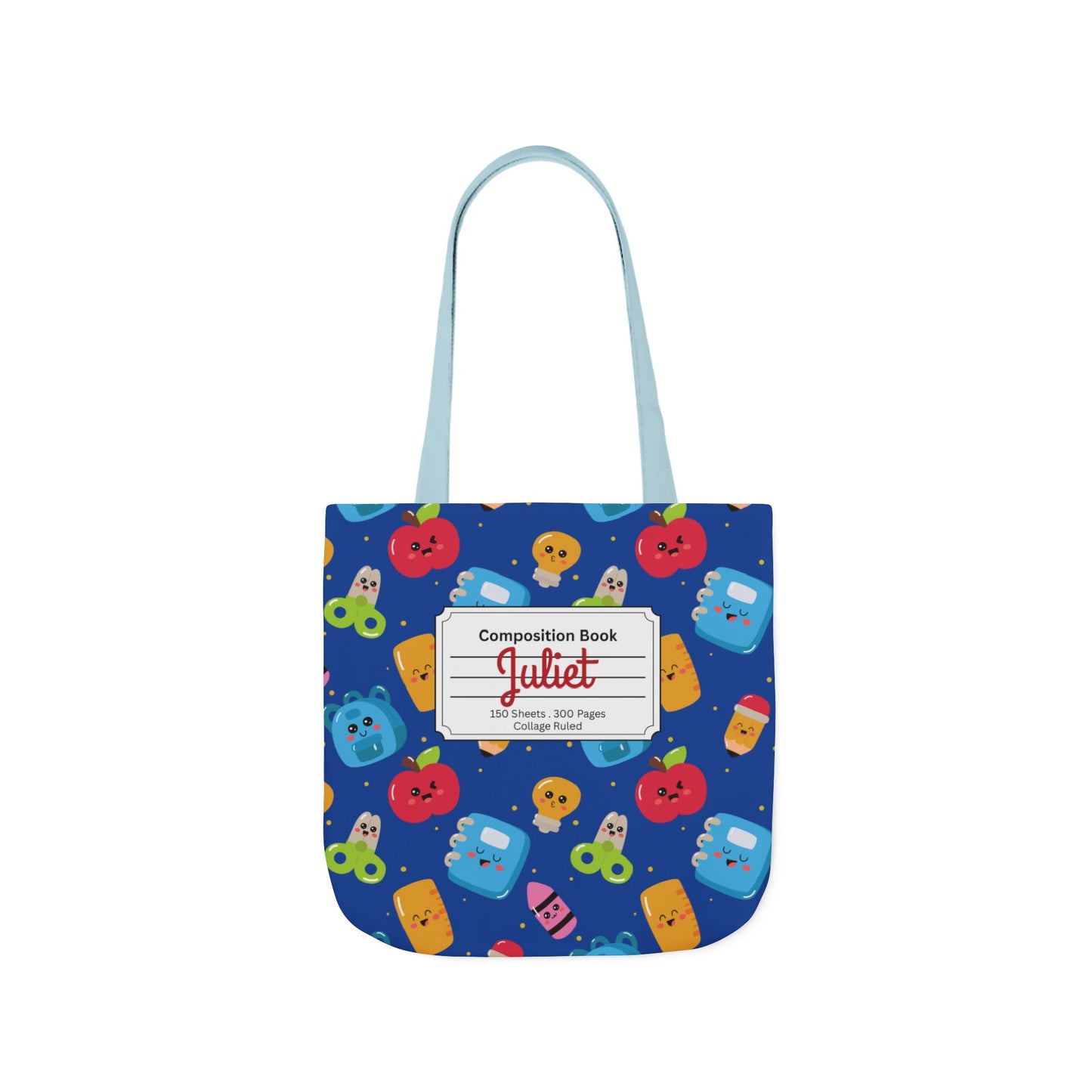 Personalized Blue Kawaii Composition Book Inspired Canvas Tote Bag with Colorful Straps, Cute School Bag, Eco-Friendly Tote, Back to School Shopping Bag, Teacher Gift Idea