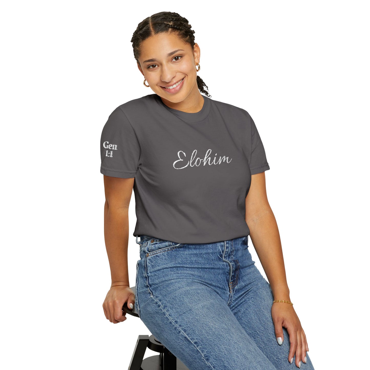 Embroidery 'ELOHIM, GENESIS 1:1' - Faith-Based Unisex Garment-Dyed Comfort Colors T-shirt, Faith Gift Tee, Religious Tee, Embroidery Tee.