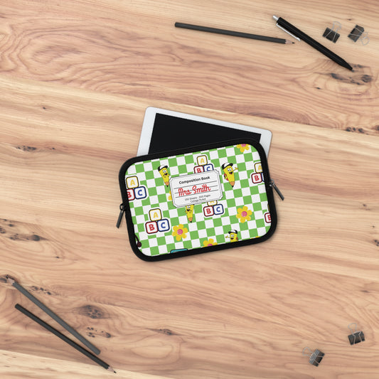 Personalized Green SchoolYard Chic Laptop Sleeve with Composition Book Inspired Design, Customizable Tech Case, School Supplies, Gift for Students, College Essentials, Back to School