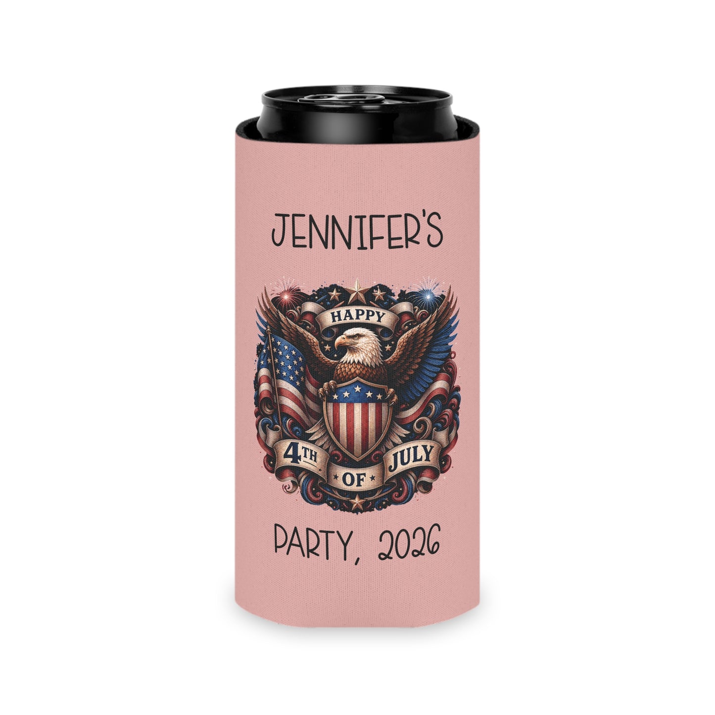 Personalized 4th of July Can Cooler — Custom Name Patriotic Eagle