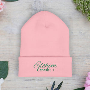 Green Embroidered 'ELOHIM, GENESIS 1:1' Classic Cuffed Beanie - Cozy Winter Hat, Streetwear Accessory, Personalized Gifts, Religious Apparel, Unisex Beanie