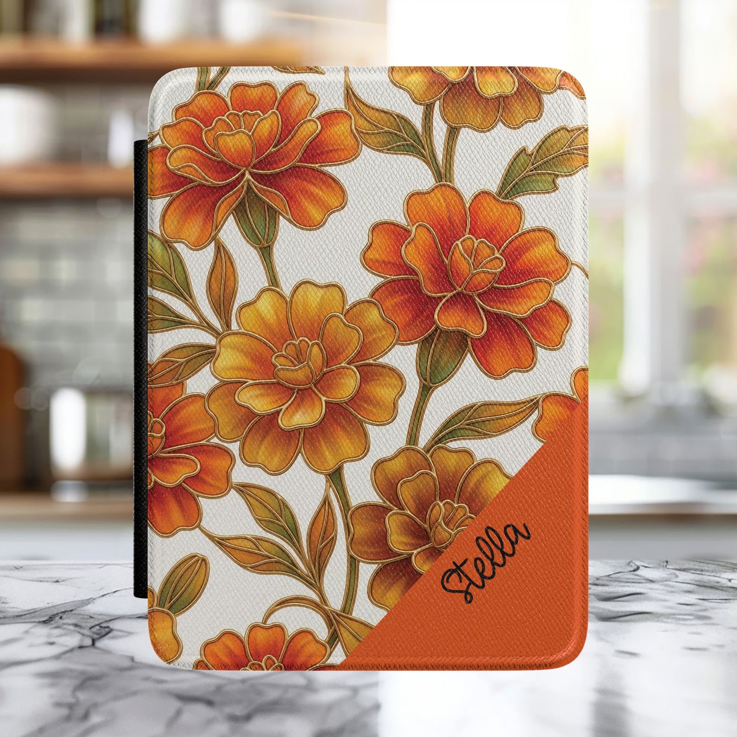 Stained Glass Effect Floral Marigold Kindle Case — Personalized Orange Corner