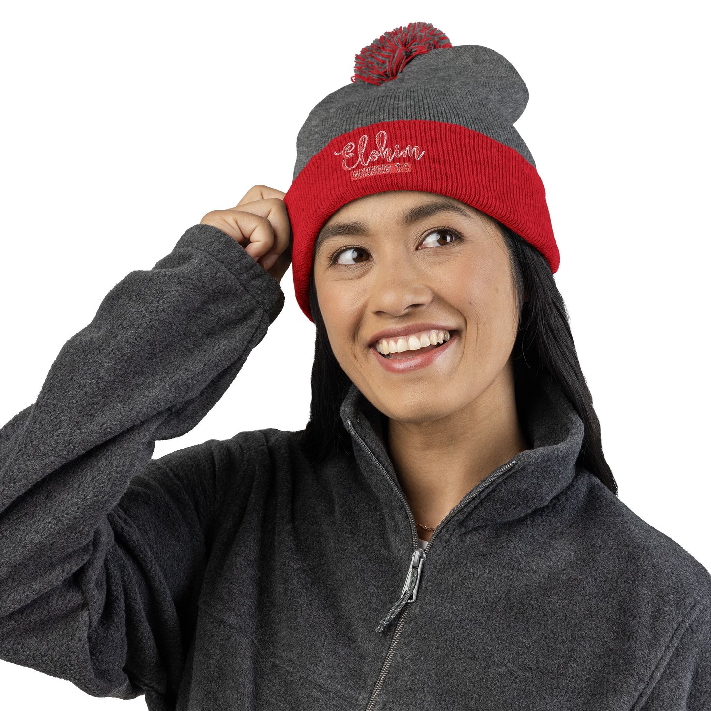 Red Pom-Pom Knit Cap with 'ELOHIM, GENESIS 1:1'  Embroidery Beanie - Stylish Winter Accessory for All Ages, Perfect Gift for Birthdays, Holidays, and Outdoor Activities