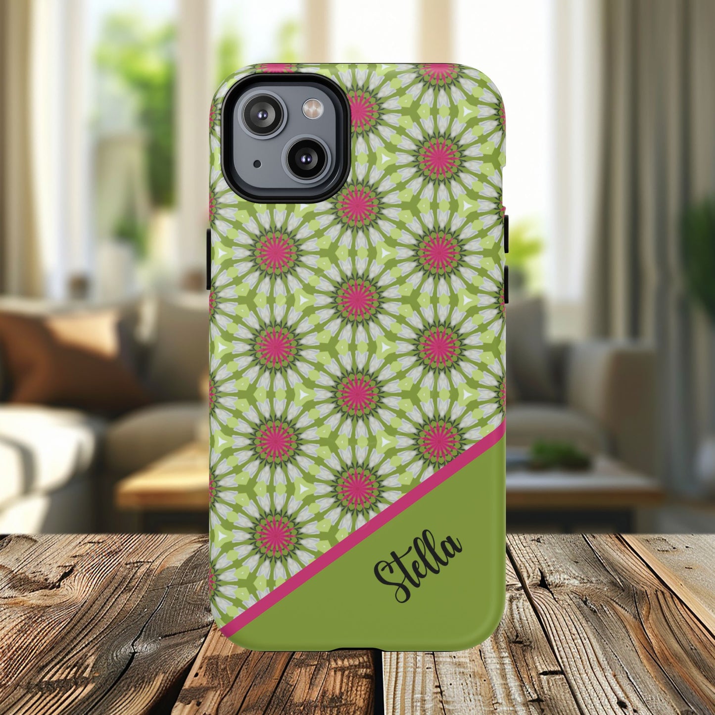 Personalized Meadow Mandala Bloom Vibrant Flower  — Green & Pink Geometric Daisy Design