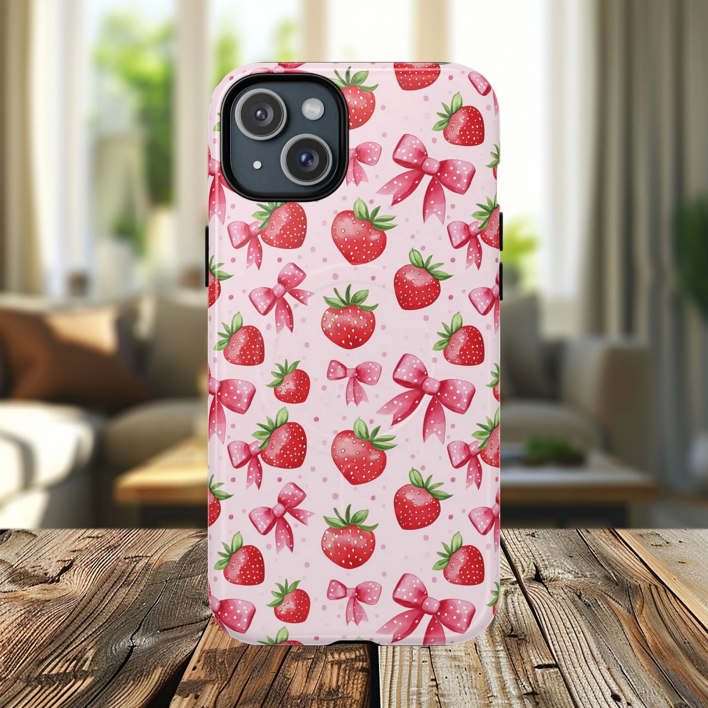 Strawberry Blush Coquette Magnetic Tough iPhone Cases - Funky Fruit Cases, Floral iPhone Cover, Trendy Gifts, iPhone Accessories, Strawberry Lover