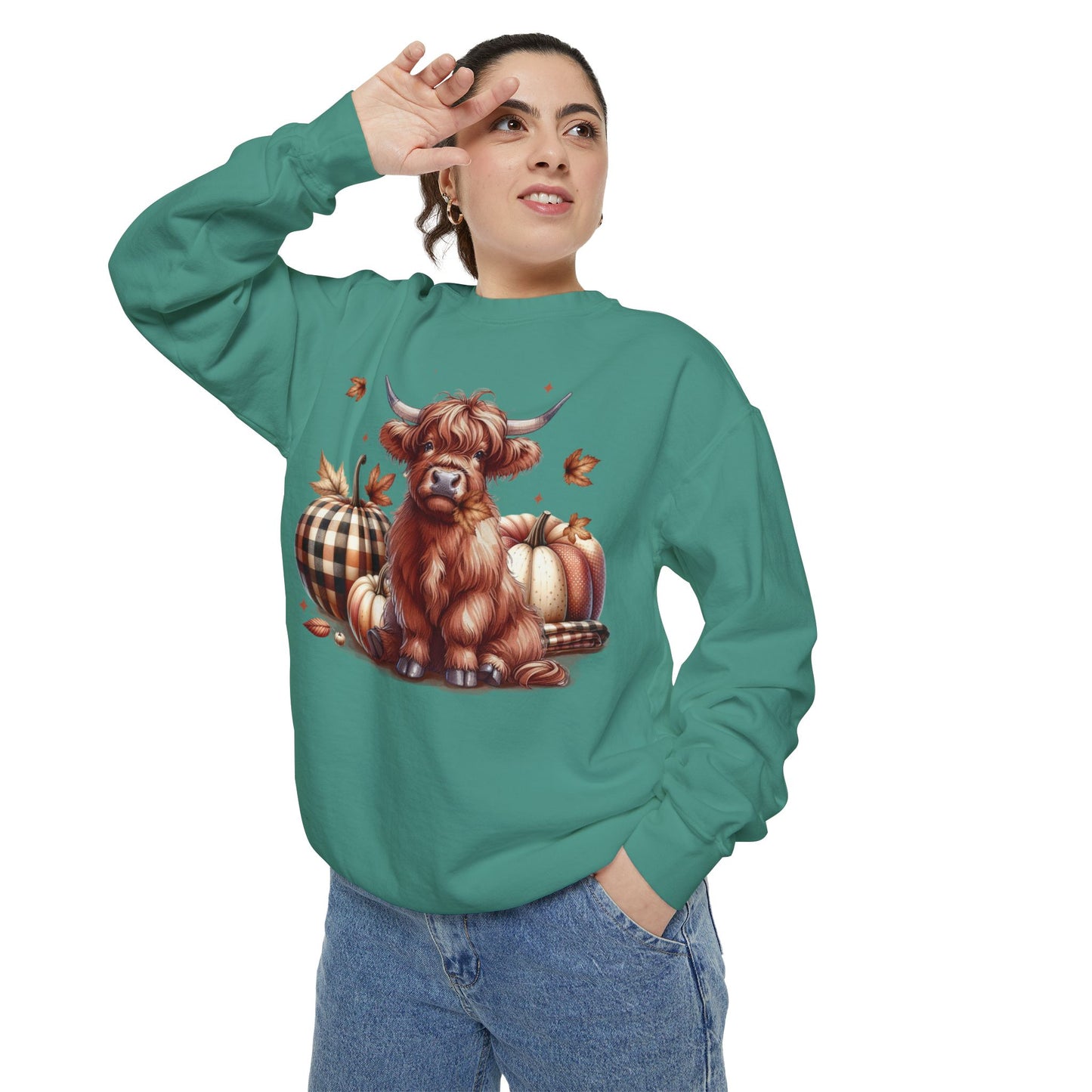 Autumn Highland Cow Charm Unisex Garment-Dyed Sweatshirt