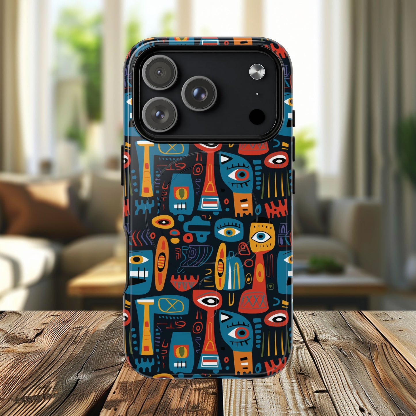 Urban Totem Vibe Tough iPhone Magnetic Case, Colorful Bohemian Art, Unique Gift for Him/Her, Holiday Accessory, iPhone Protection, MagSafe iPhone Case.