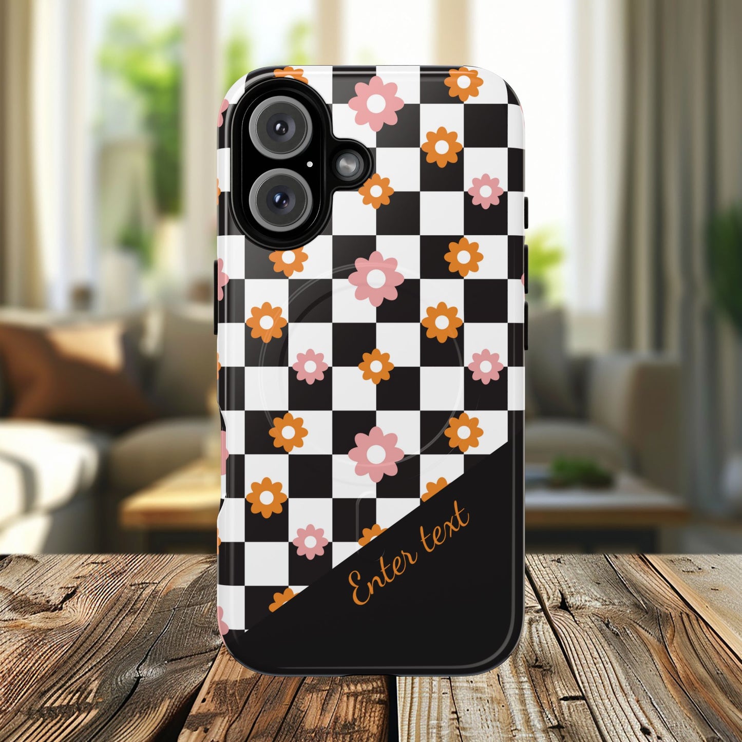 Groovy Checkered Bloom iPhone Case, Tough Magnetic Cases for Women, Stylish iPhone Cover, Trendy Floral Print, Gift for Her, Everyday Accessories
