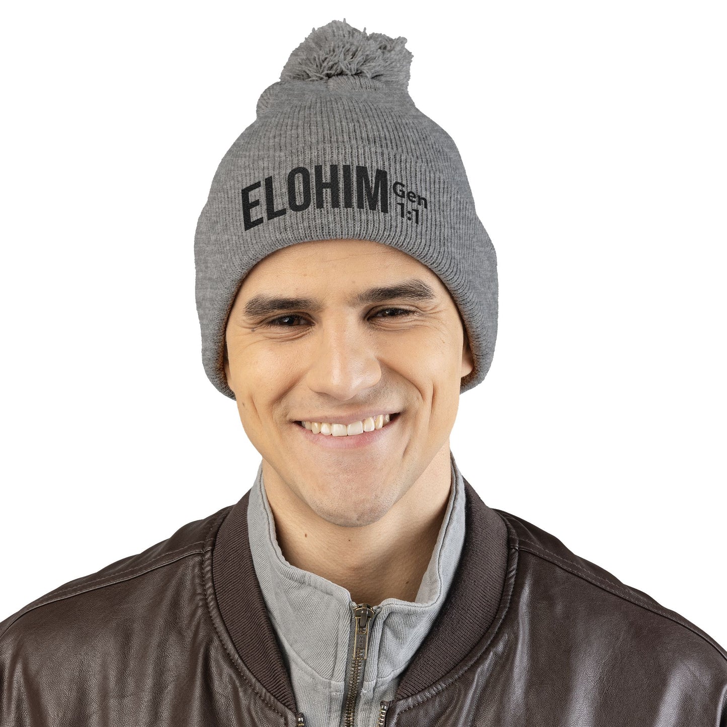 Cozy Pom-Pom Knit Cap with 'ELOHIM, GENESIS 1:1'  Embroidery Beanie - Stylish Winter Accessory for All Ages, Perfect Gift for Birthdays, Holidays, and Outdoor Activities