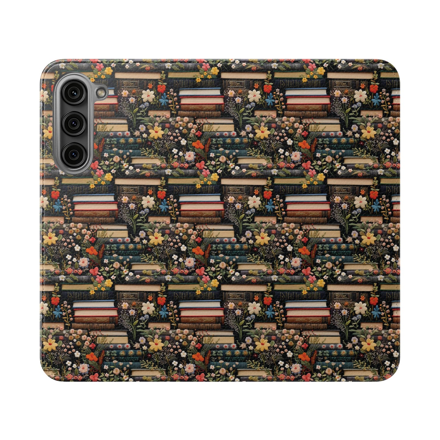 Book Stack Floral Flip iPhone and Samsung Phone Case — Vintage Library Wallet Cover.