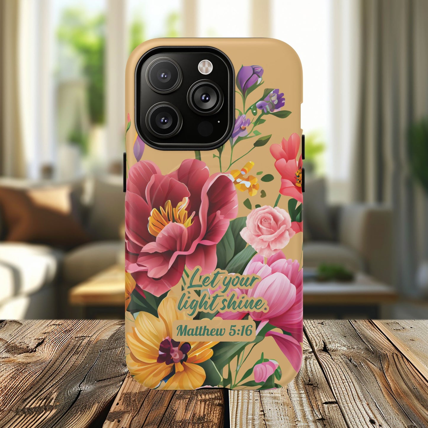 Let your Light Shine Matthew 5:16, Inspirational Gift, Tough iPhone Magnetic Case Scripture, Floral Bible Verse, MagSafe® iPhone® Tough Case, iPhone 14, iPhone 15, iPhone 16, Pro, Pro Max, Plus.