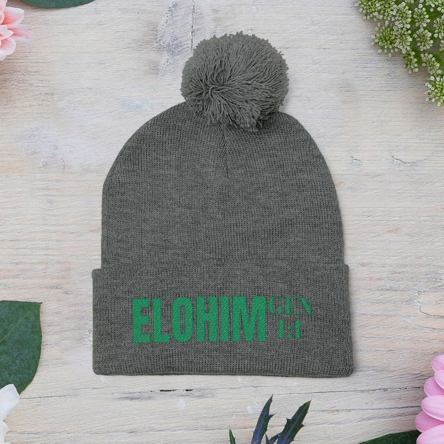 Pom-Pom Knit Cap with 'ELOHIM, GENESIS 1:1'  Embroidery Beanie - Stylish Winter Accessory for All Ages, Perfect Gift for Birthdays, Holidays, and Outdoor Activities