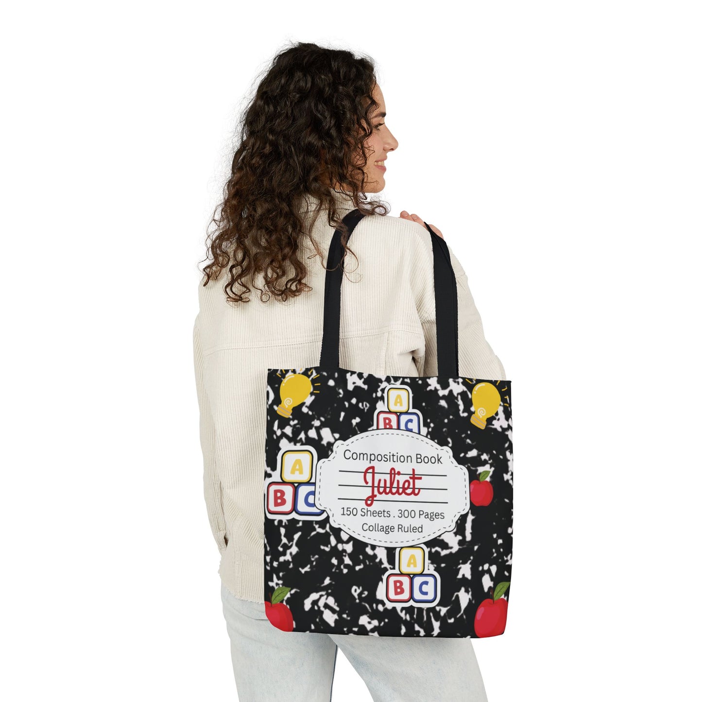 Personalized Black Composition Book Inspired Canvas Tote Bag with Colorful Straps, Cute School Bag, Eco-Friendly Tote, Back to School Shopping Bag, Teacher Gift Idea