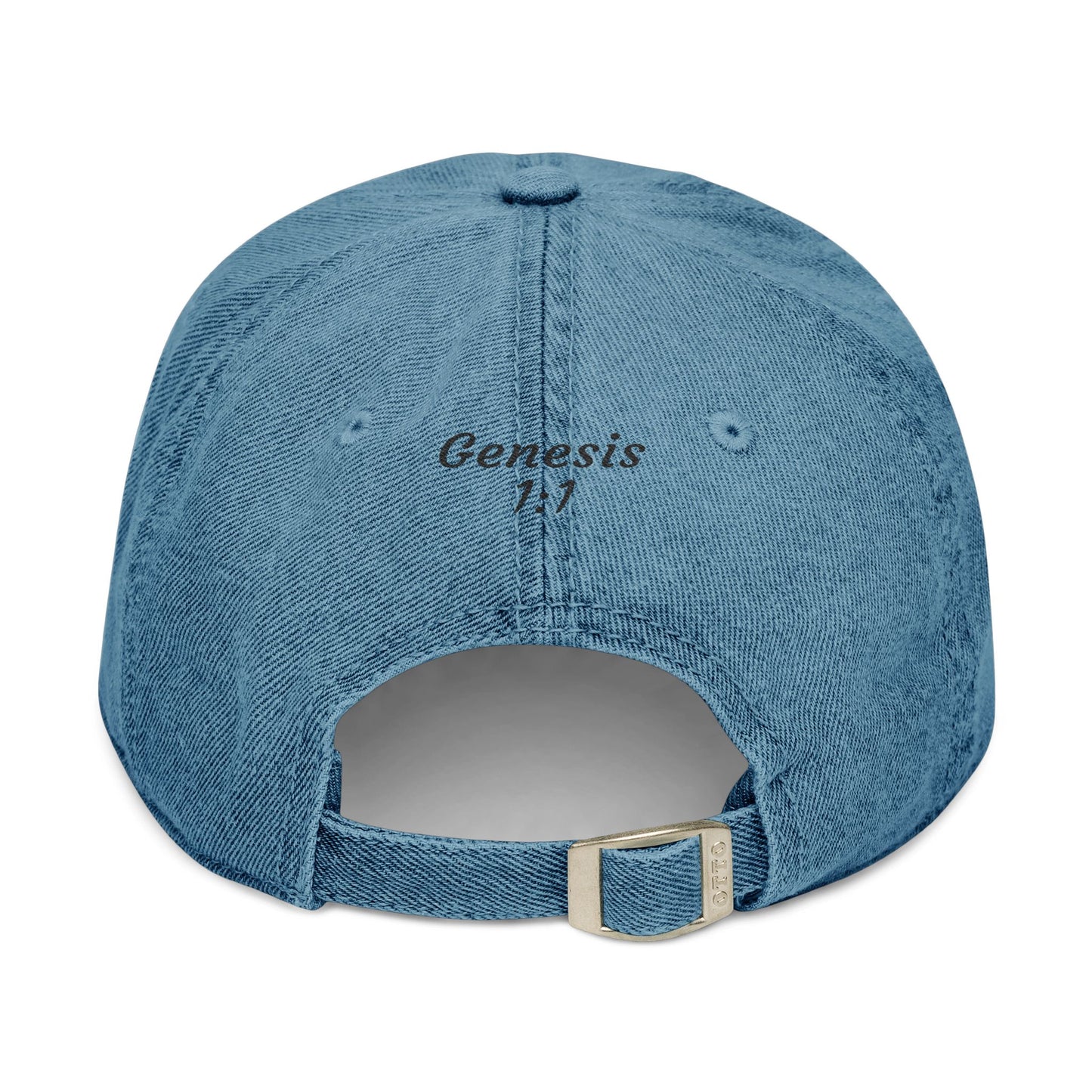 Denim 'ELOHIM, GENESIS 1:1' Hat (Embroidery), Stylish Casual Hat, Gift for Him/Her, Summer Accessory, Trendy Streetwear, Spiritual Fashion.