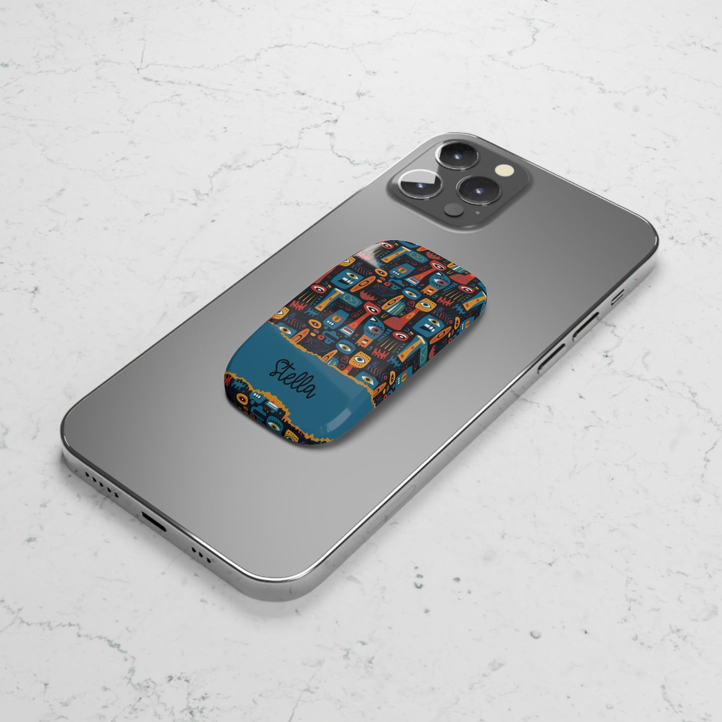 Personalized Phone Grip – Colorful Abstract Faces Design (Custom Name)