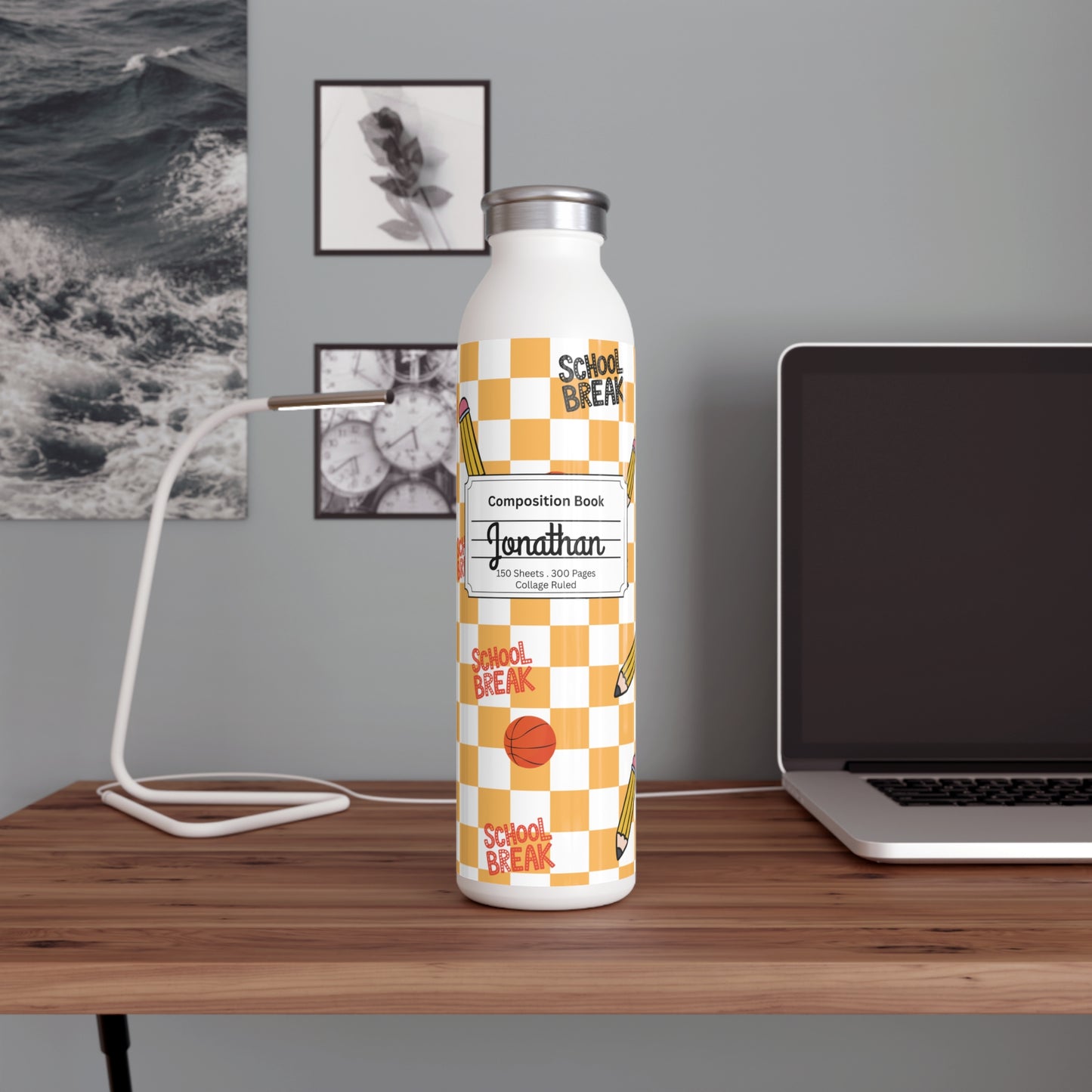 Personalized Orange Schoolyard Chic Composition Book Inspired Slim Water Bottle, Customizable Drinkware, Eco-Friendly Hydration Bottle, Perfect for Gifts, School Supplies, Back to School