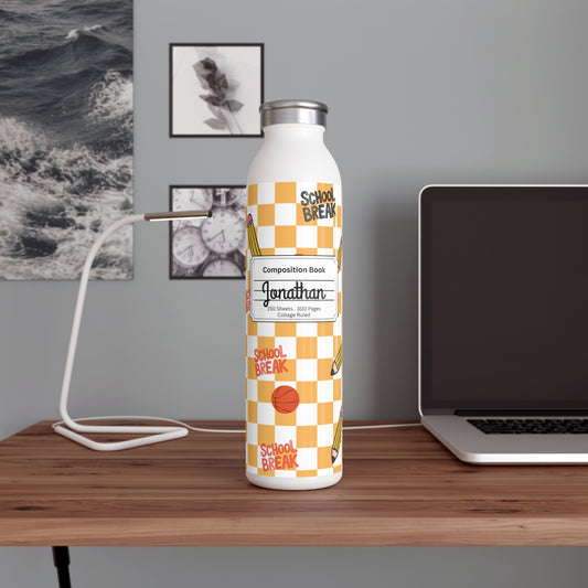 Personalized Orange Schoolyard Chic Composition Book Inspired Slim Water Bottle, Customizable Drinkware, Eco-Friendly Hydration Bottle, Perfect for Gifts, School Supplies, Back to School