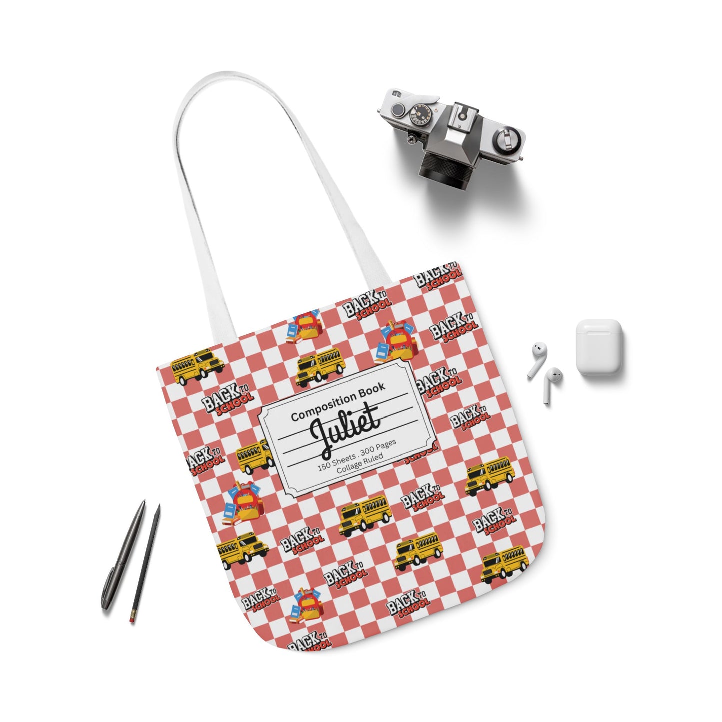 Personalized Red Schoolyard Chic Composition Book Inspired Canvas Tote Bag with Colorful Straps, Cute School Bag, Eco-Friendly Tote, Back to School Shopping Bag, Teacher Gift Idea