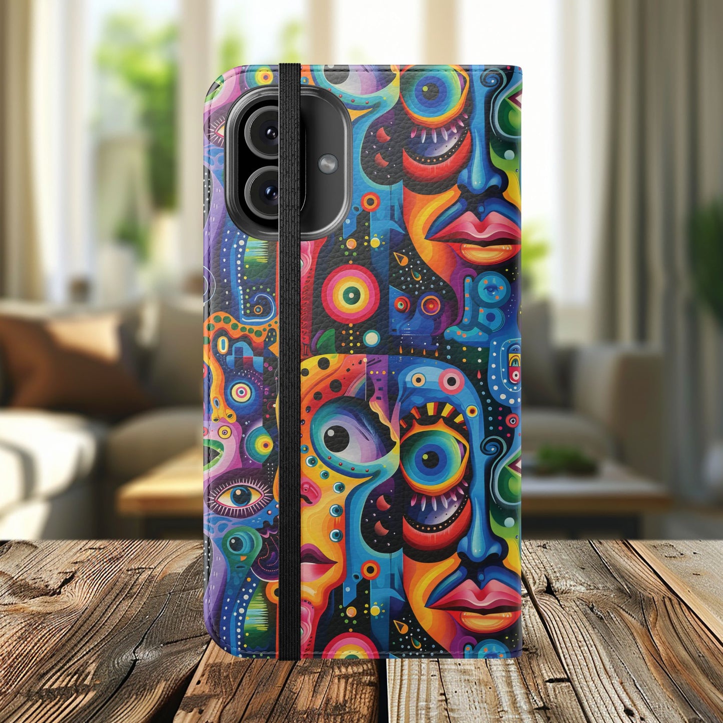 Psychedelic Visions Vibrant Art Flip iPhone and Samsung Phone Case - Colorful Faces Design for Phone Protection