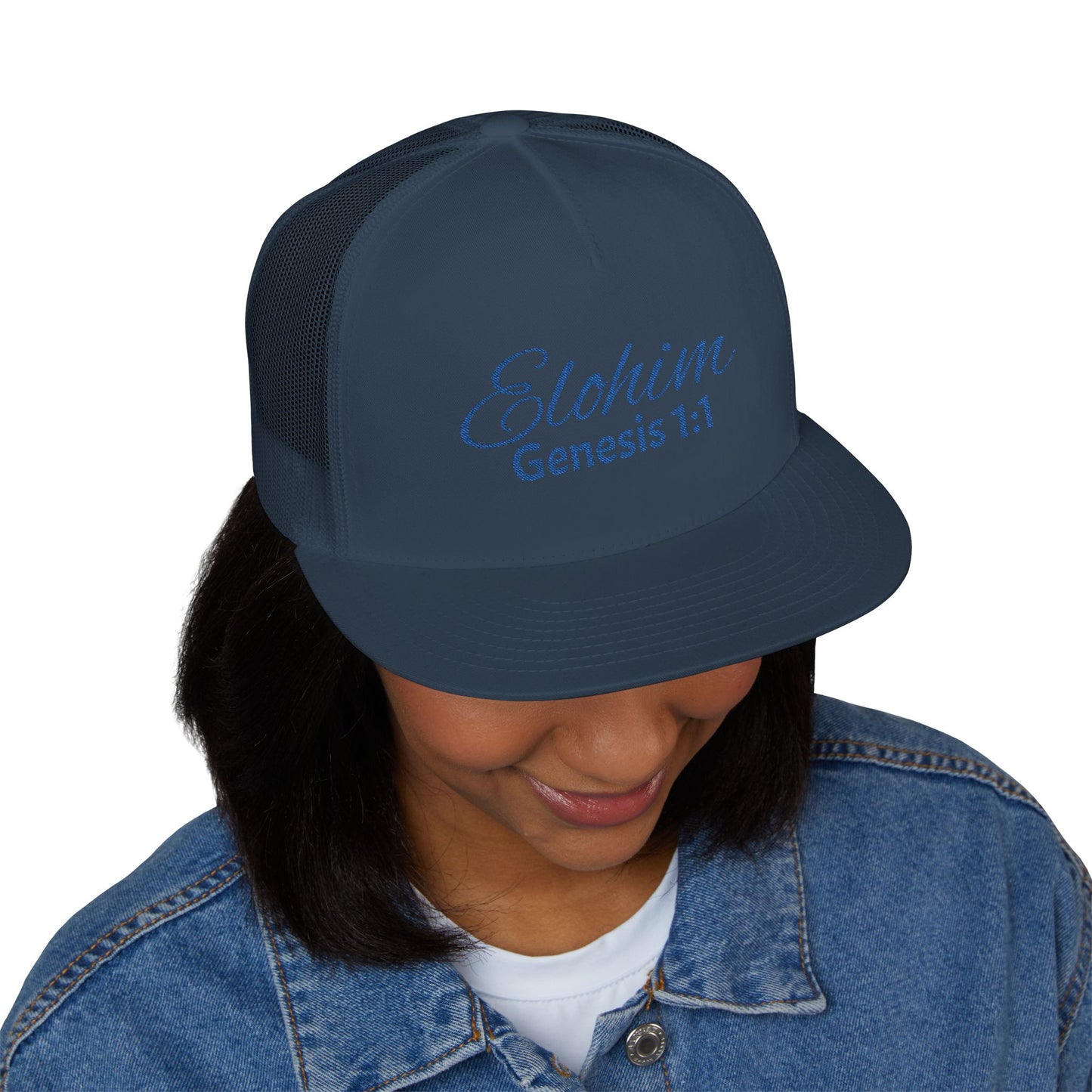 Navy 'ELOHIM, GENESIS 1:1'  Embroidered 5 Panel Trucker Cap | Casual Style Hat, Adjustable, Unisex, Perfect Gift for Outdoors, Festivals, Daily Wear
