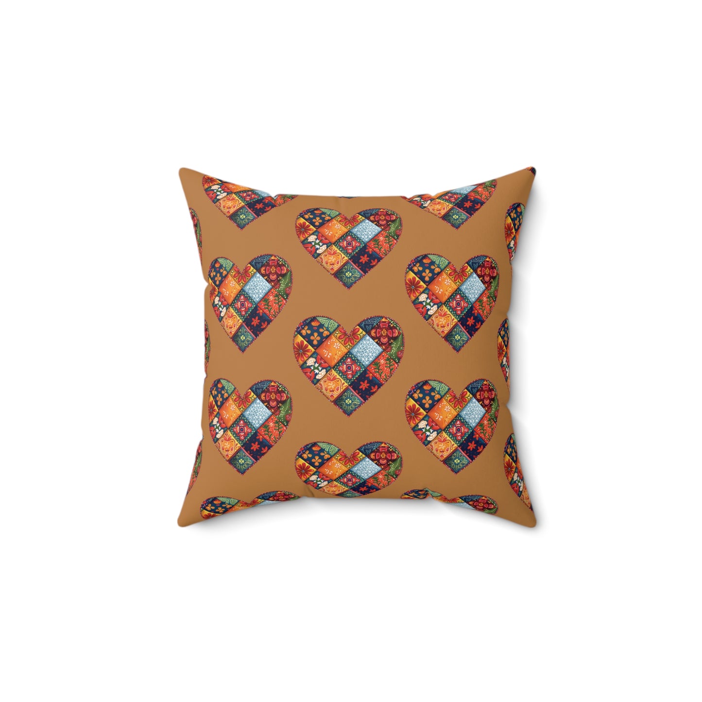 Brown Patchwork Heart Spun Polyester Square Pillow