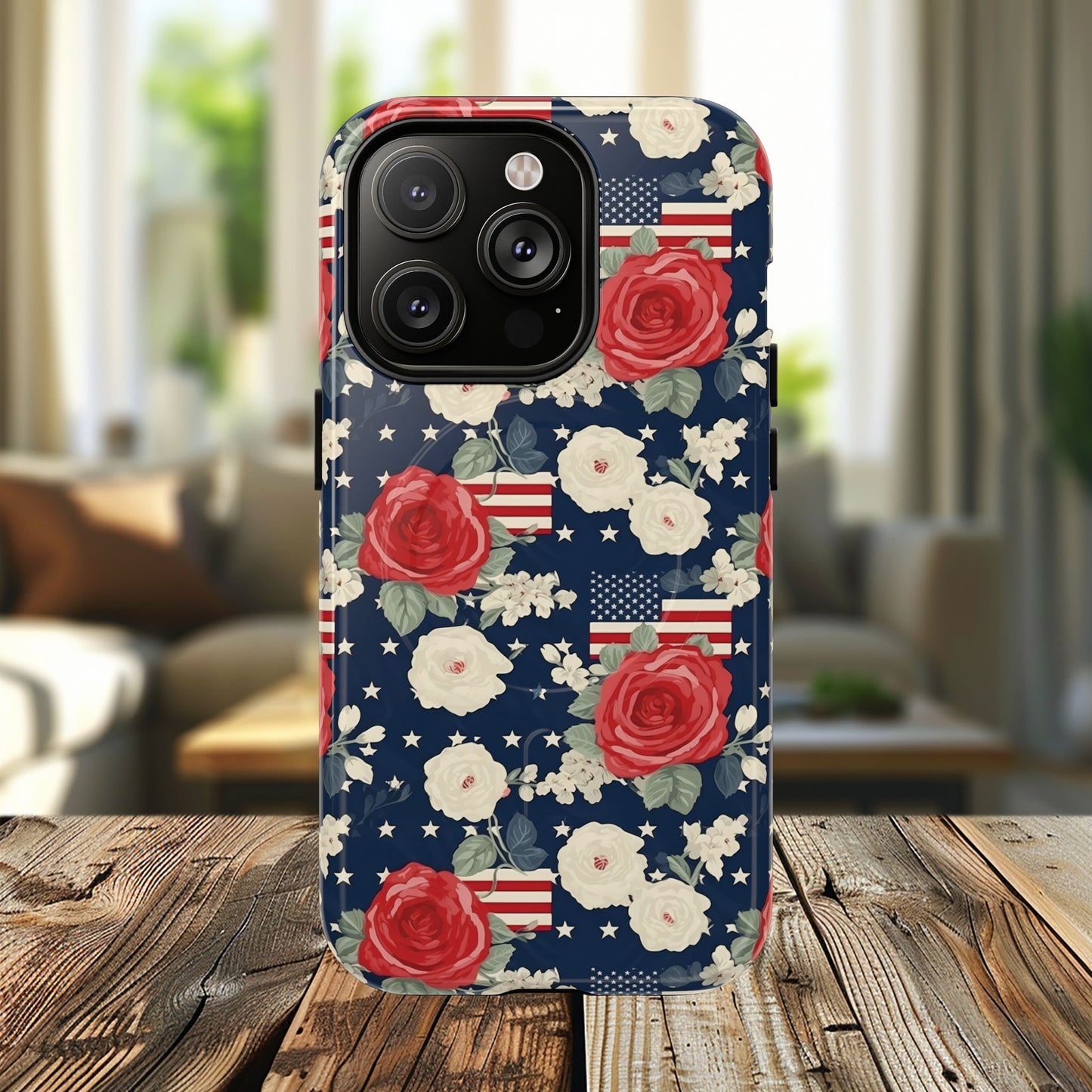 Liberty in Bloom Tough iPhone Magnetic Case, Floral Design, Gift for Moms, Gift for Dads,  iPhone Accessories, Patriotic iPhone Accessory.