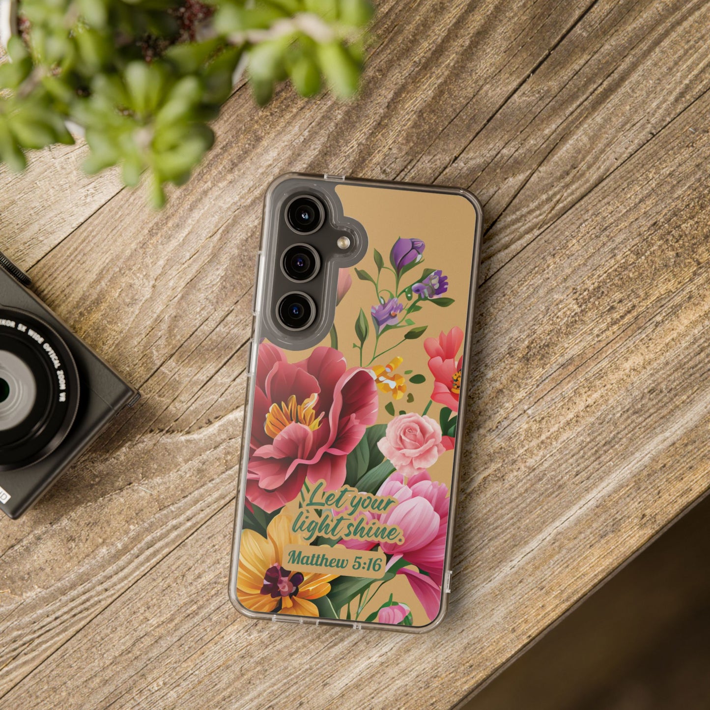 Clear Floral Bible Verse Phone Case — "Let Your Light Shine" (Matthew 5:16) for iPhone and Samsung Cases.