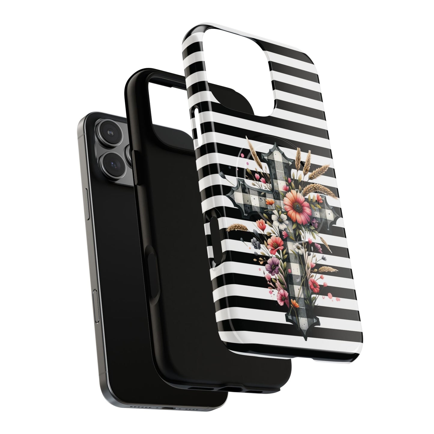 Grace in Bloom Tough Magnetic iPhone Case with Floral Cross Design, Boho iPhone Cover, Striped iPhone Case, Unique Religious Gift, Trendy Cell iPhone Accessory.