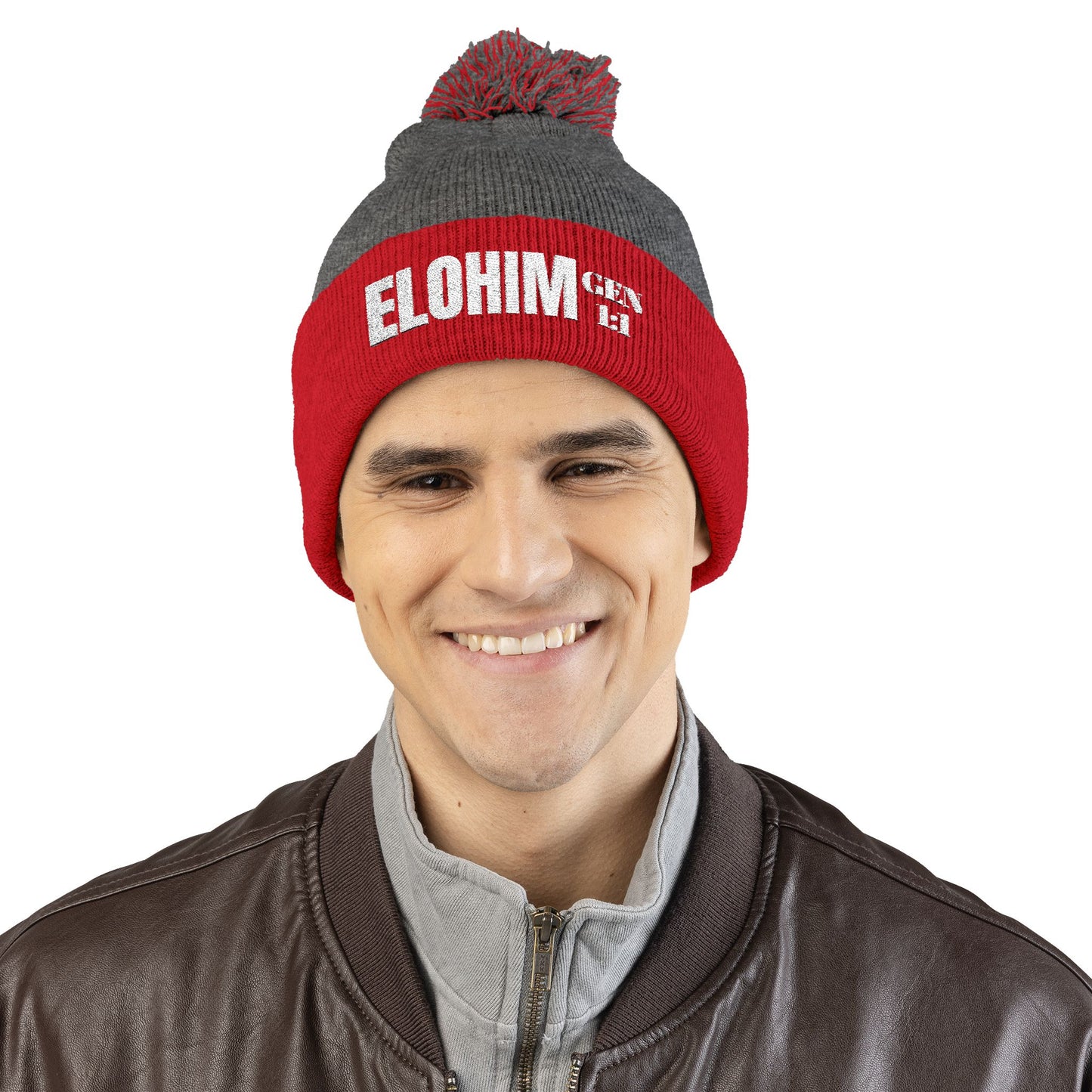Pom-Pom Knit Cap with 'ELOHIM, GENESIS 1:1'  Embroidery Beanie - Stylish Winter Accessory for All Ages, Perfect Gift for Birthdays, Holidays, and Outdoor Activities