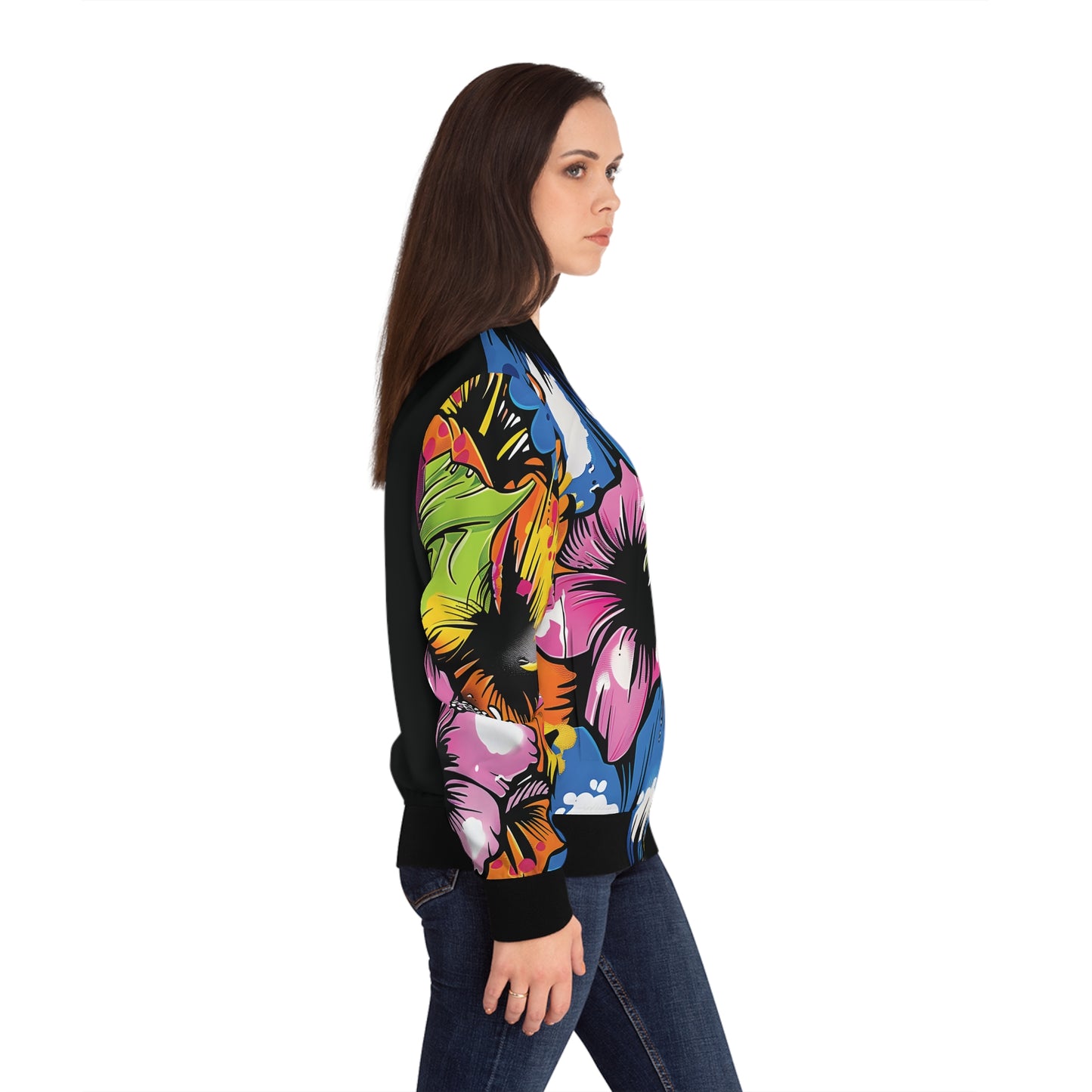 Women's Bomber Jacket - Urban Bloom Stand-Collar All-Over Print