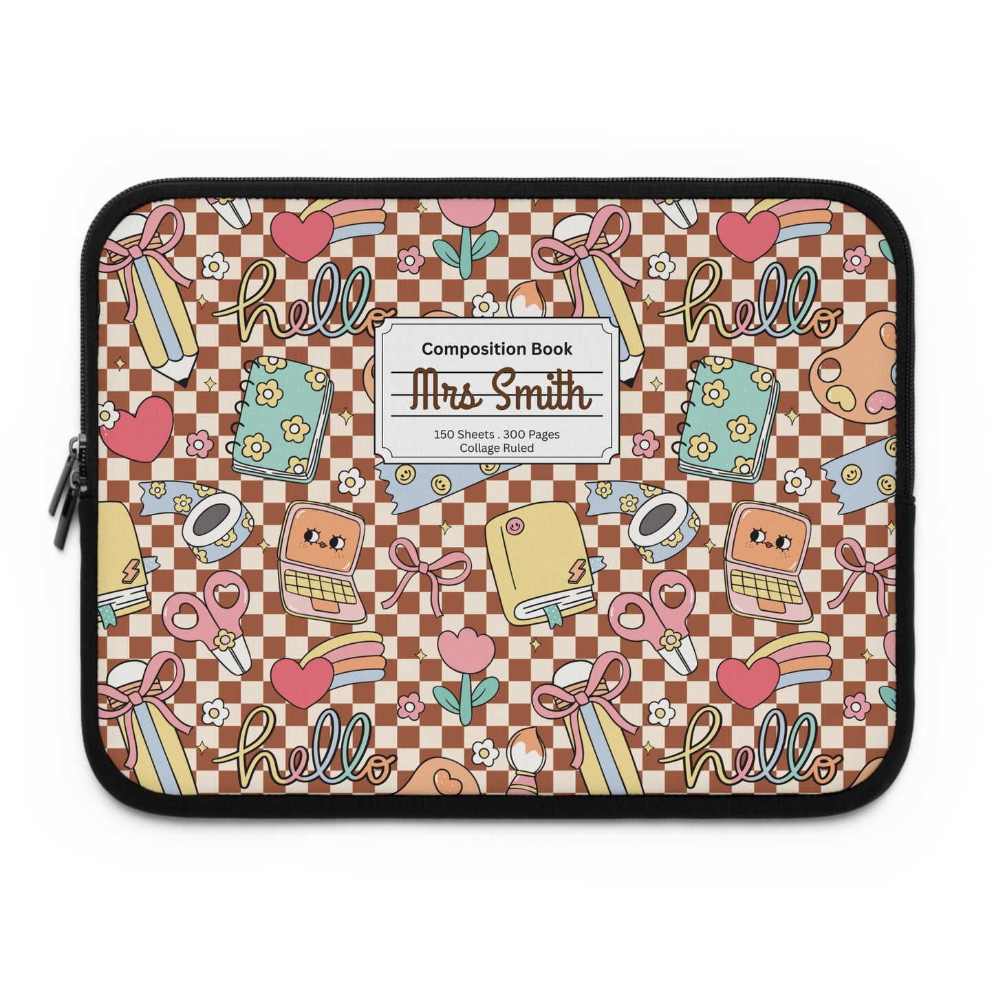 Personalized Brown Doodle Daydream Laptop Sleeve with Composition Book Inspired Design, Customizable Tech Case, School Supplies, Gift for Students, College Essentials, Back to School