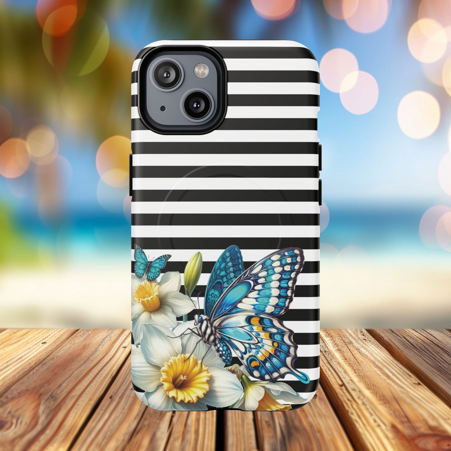 Daffodil Flutter Tough iPhone Magnetic Case, Floral iPhone Accessories, Stylish iPhone Cover, Black Striped Design, Gift for Her, Trendy iPhone