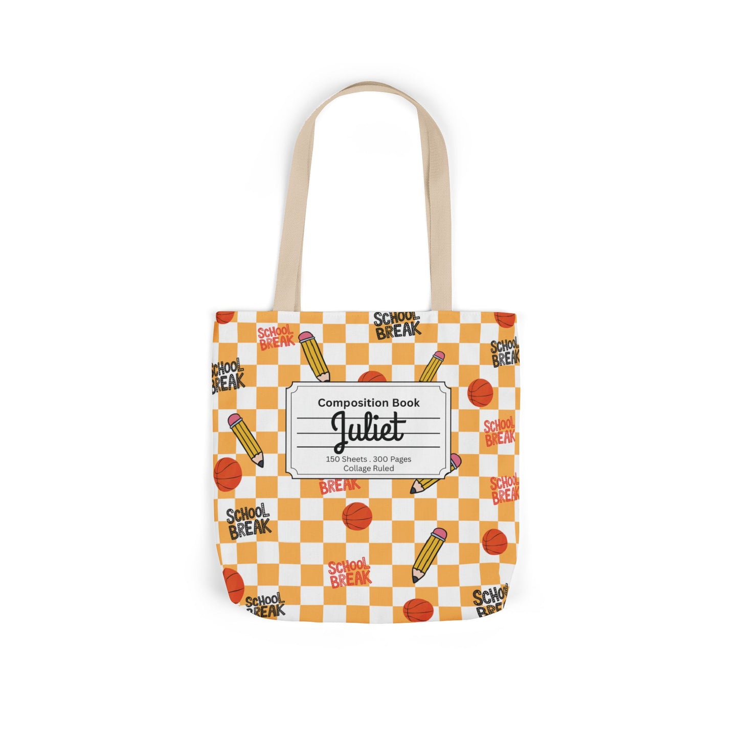 Personalized Orange Schoolyard Chic Composition Book Inspired Canvas Tote Bag with Colorful Straps, Cute School Bag, Eco-Friendly Tote, Back to School Shopping Bag, Teacher Gift Idea