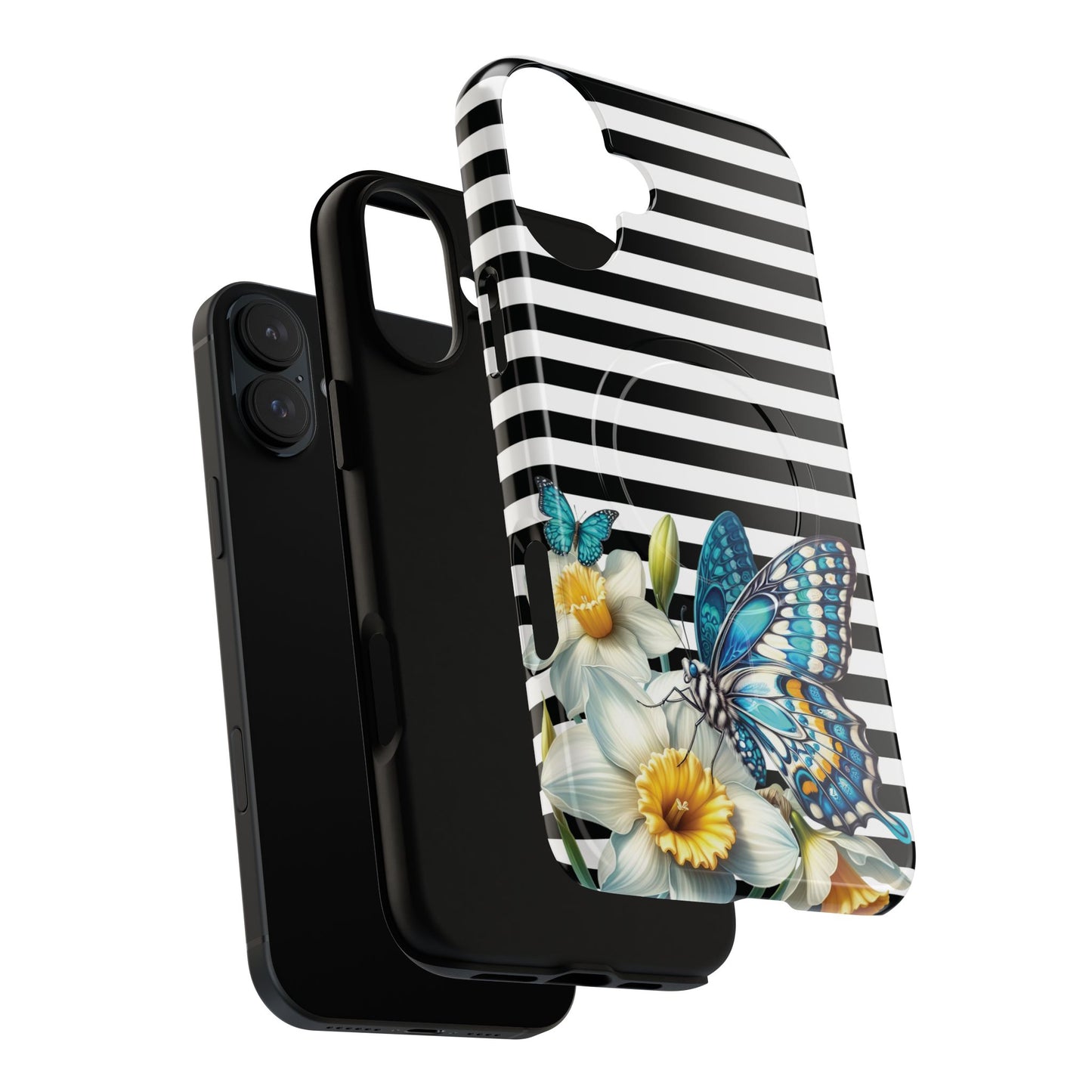 Daffodil Flutter Tough iPhone Magnetic Case, Floral iPhone Accessories, Stylish iPhone Cover, Black Striped Design, Gift for Her, Trendy iPhone