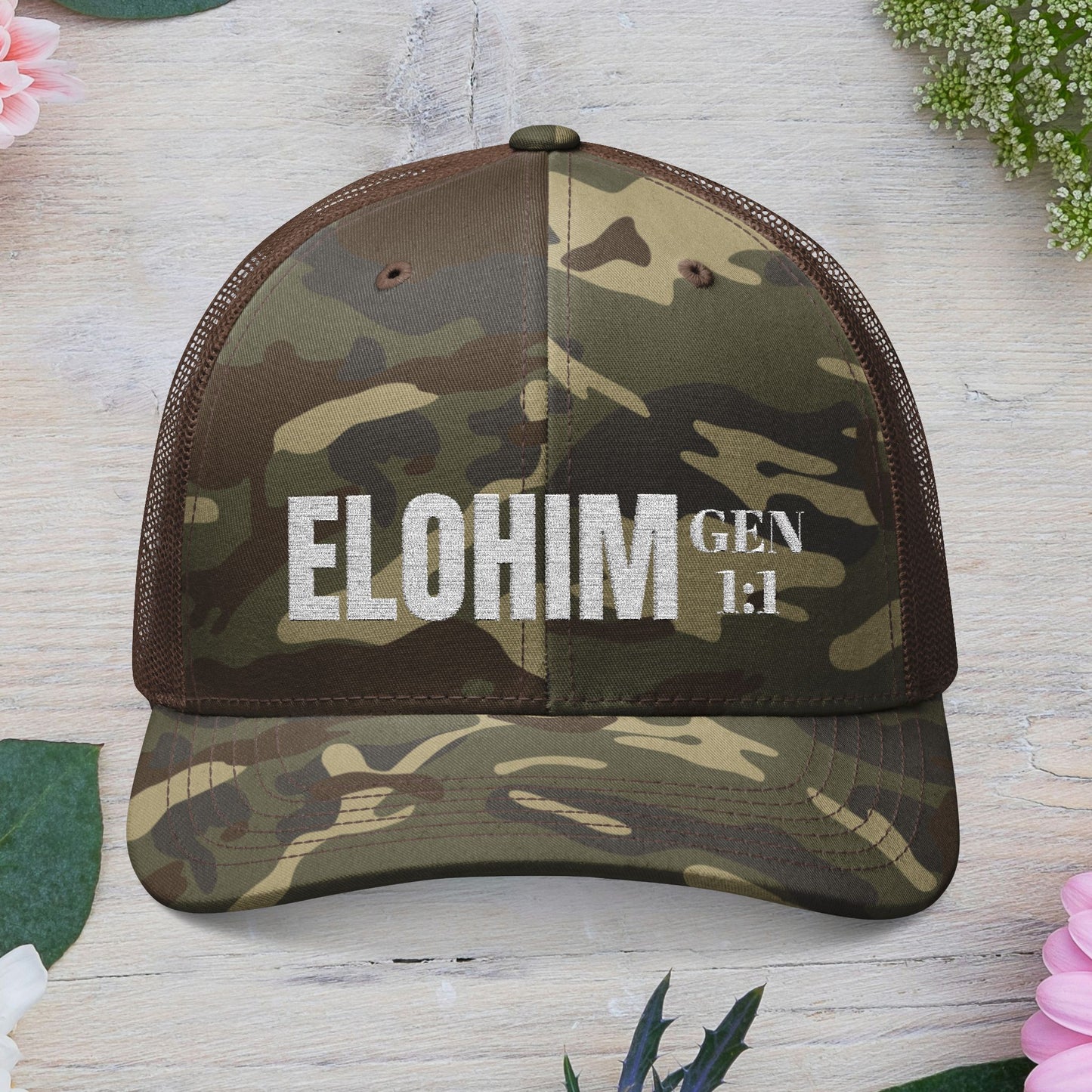 Camouflage Embroidered Trucker Hat with 'ELOHIM, GENESIS 1:1', Casual Style Hat, Adjustable, Unisex, Perfect Gift for Outdoors, Festivals, Daily Wear.