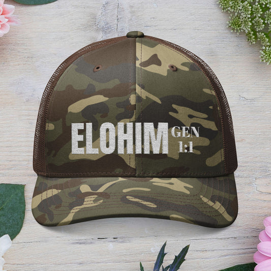 Camouflage Embroidered Trucker Hat with 'ELOHIM, GENESIS 1:1', Casual Style Hat, Adjustable, Unisex, Perfect Gift for Outdoors, Festivals, Daily Wear.