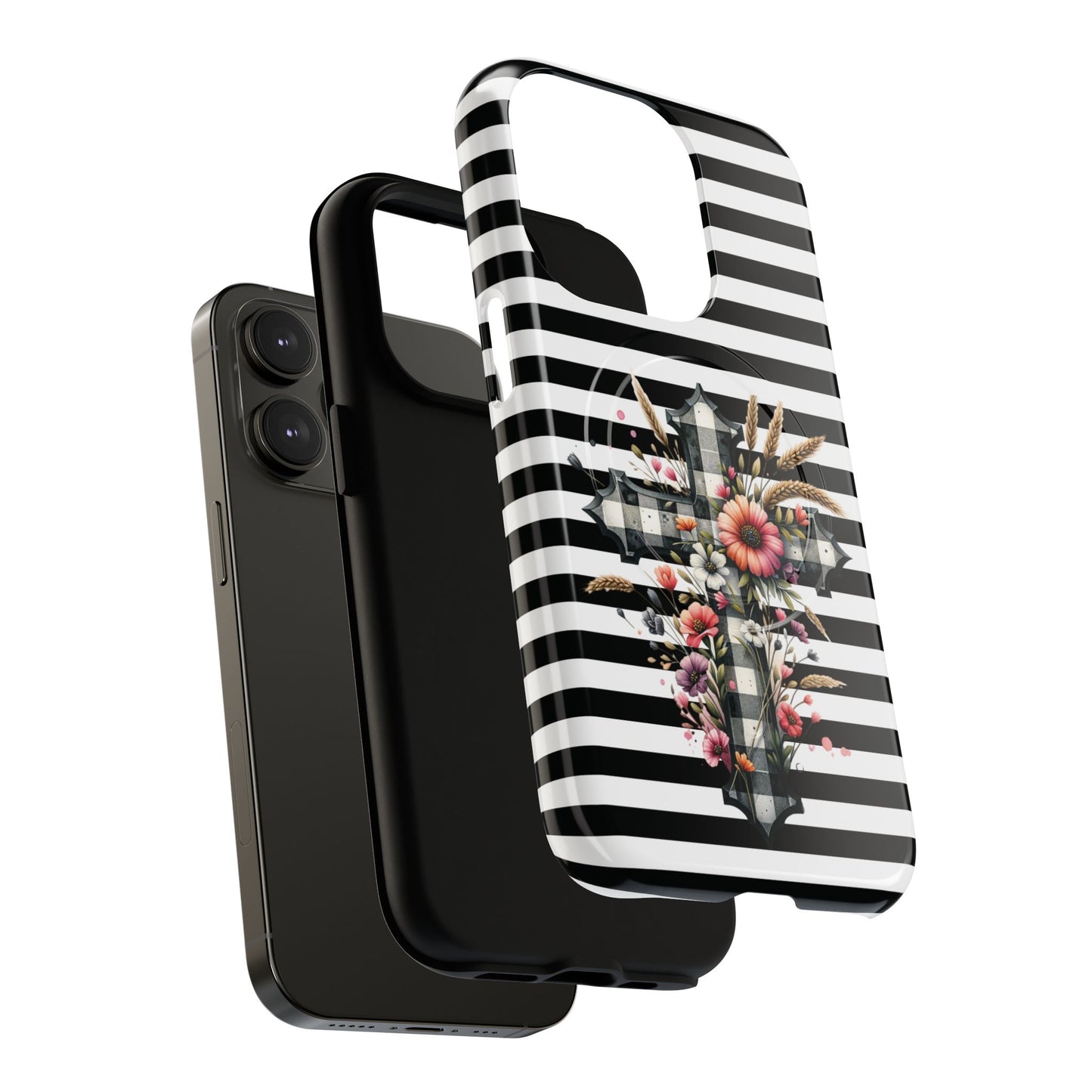 Grace in Bloom Tough Magnetic iPhone Case with Floral Cross Design, Boho iPhone Cover, Striped iPhone Case, Unique Religious Gift, Trendy Cell iPhone Accessory.