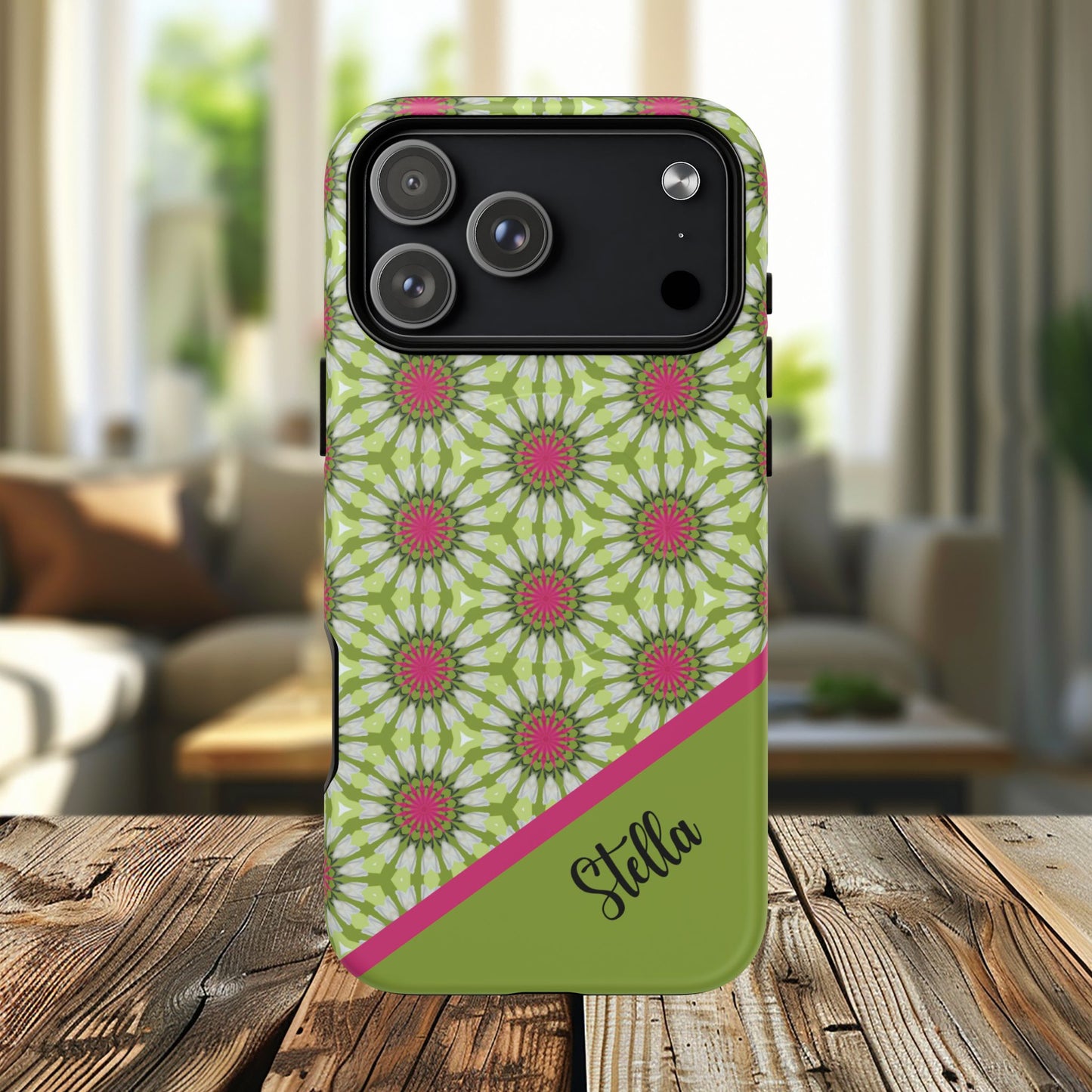 Personalized Meadow Mandala Bloom Vibrant Flower  — Green & Pink Geometric Daisy Design