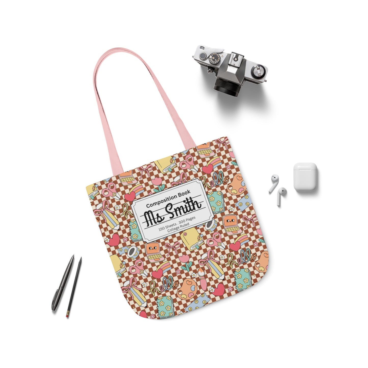 Personalized Brown Doodle Daydream Composition Book Inspired Canvas Tote Bag with Colorful Straps, Cute School Bag, Eco-Friendly Tote, Back to School Shopping Bag, Teacher Gift Idea
