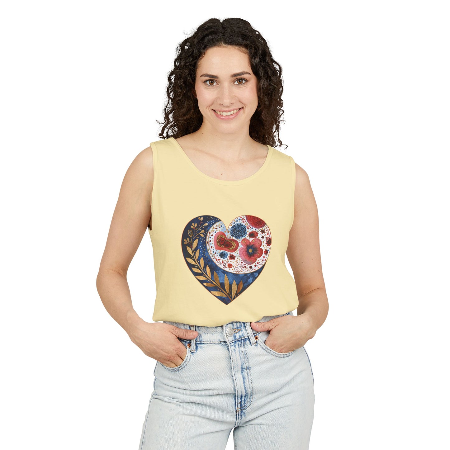 Floral Hearts Unisex Garment-Dyed Tank Top