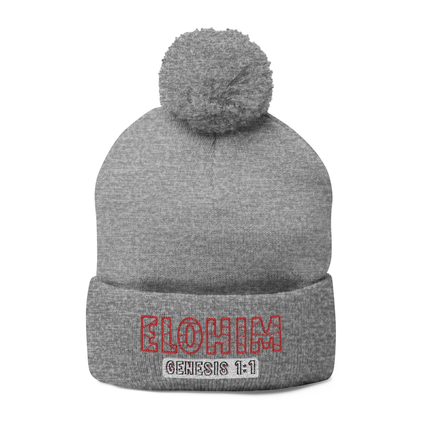 Red Pom-Pom Knit Cap with 'ELOHIM, GENESIS 1:1'  Embroidery Beanie - Stylish Winter Accessory for All Ages, Perfect Gift for Birthdays, Holidays, and Outdoor Activities
