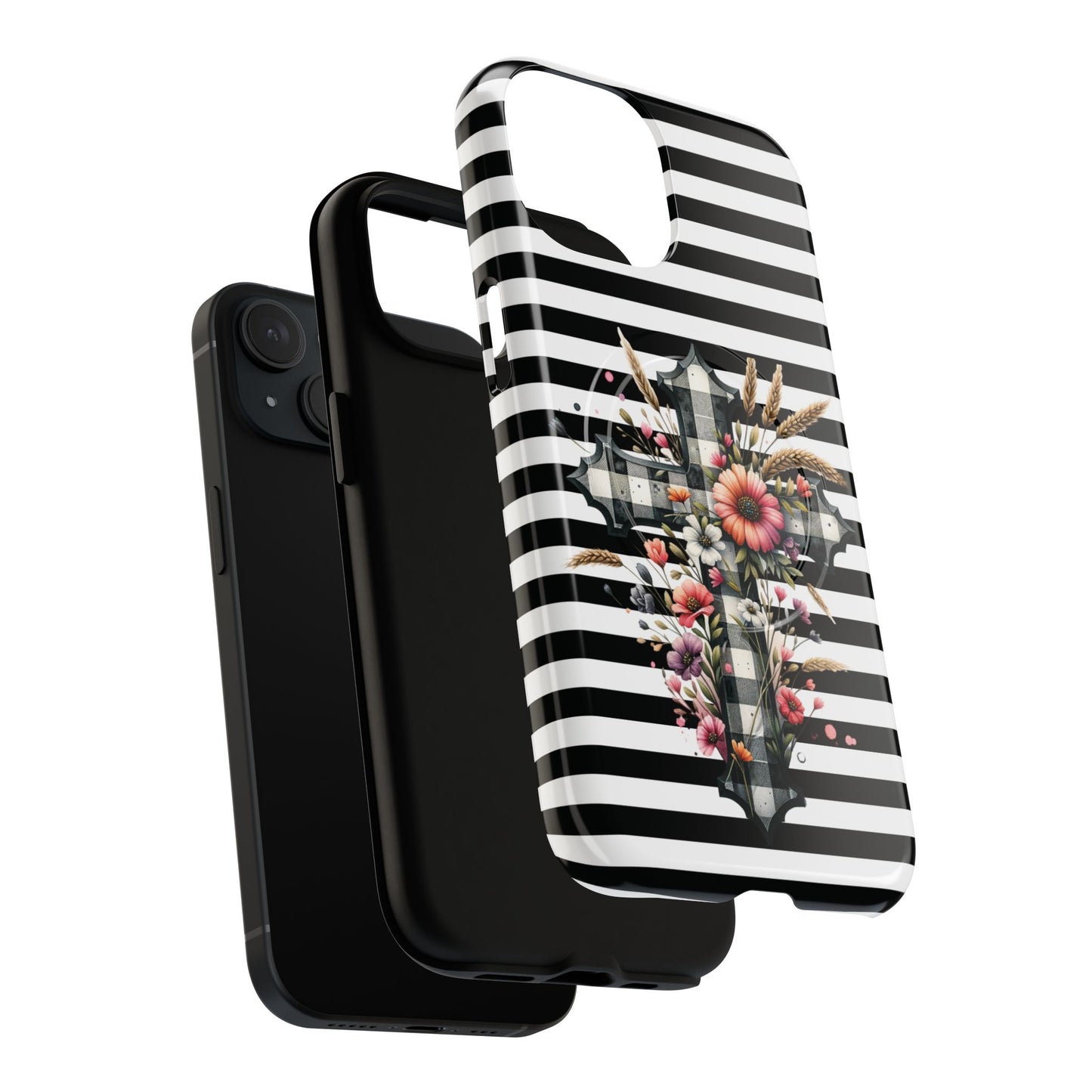 Grace in Bloom Tough Magnetic iPhone Case with Floral Cross Design, Boho iPhone Cover, Striped iPhone Case, Unique Religious Gift, Trendy Cell iPhone Accessory.