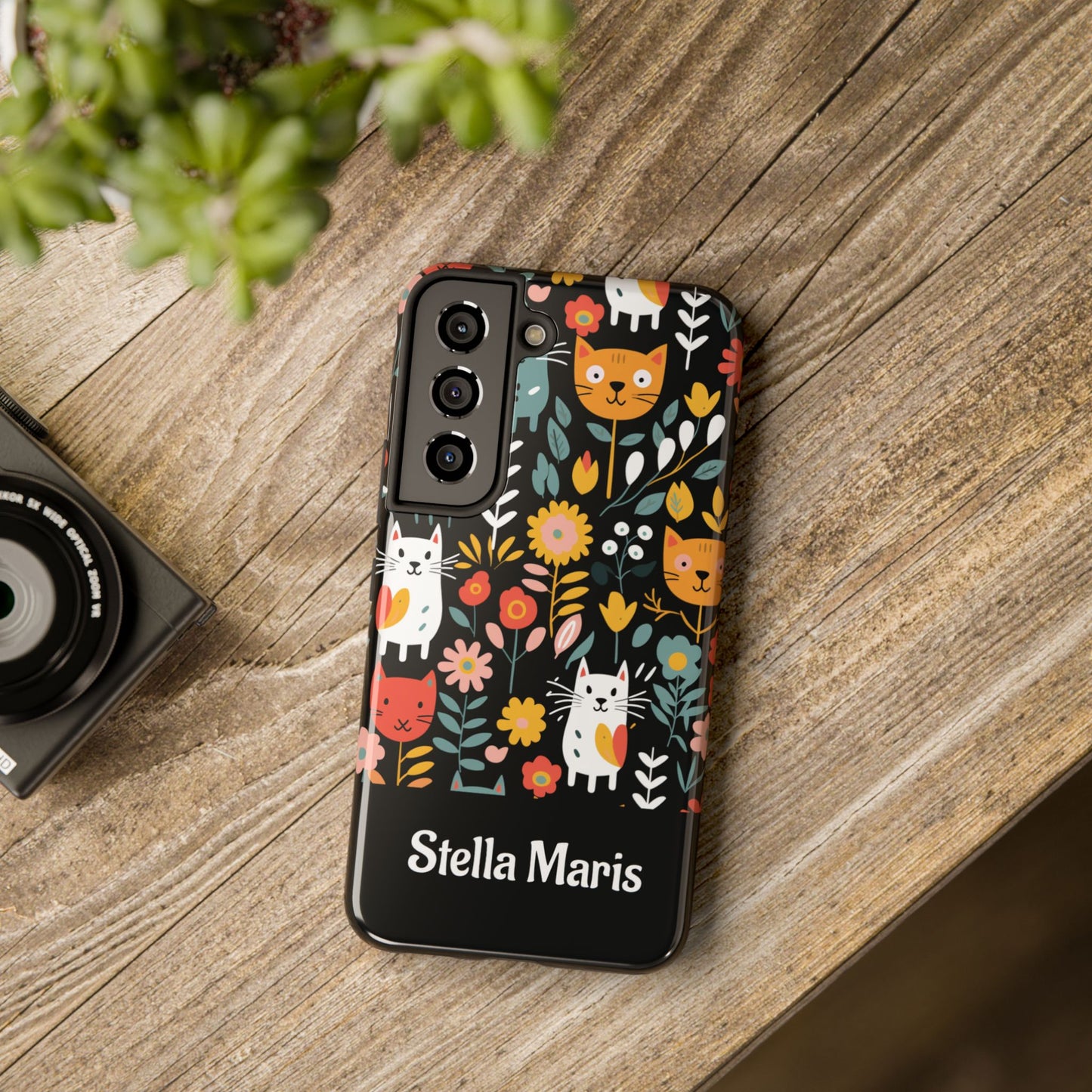 Personalized Whimsical Feline Garden Tough Phone Case — Custom Name iPhone & Samsung