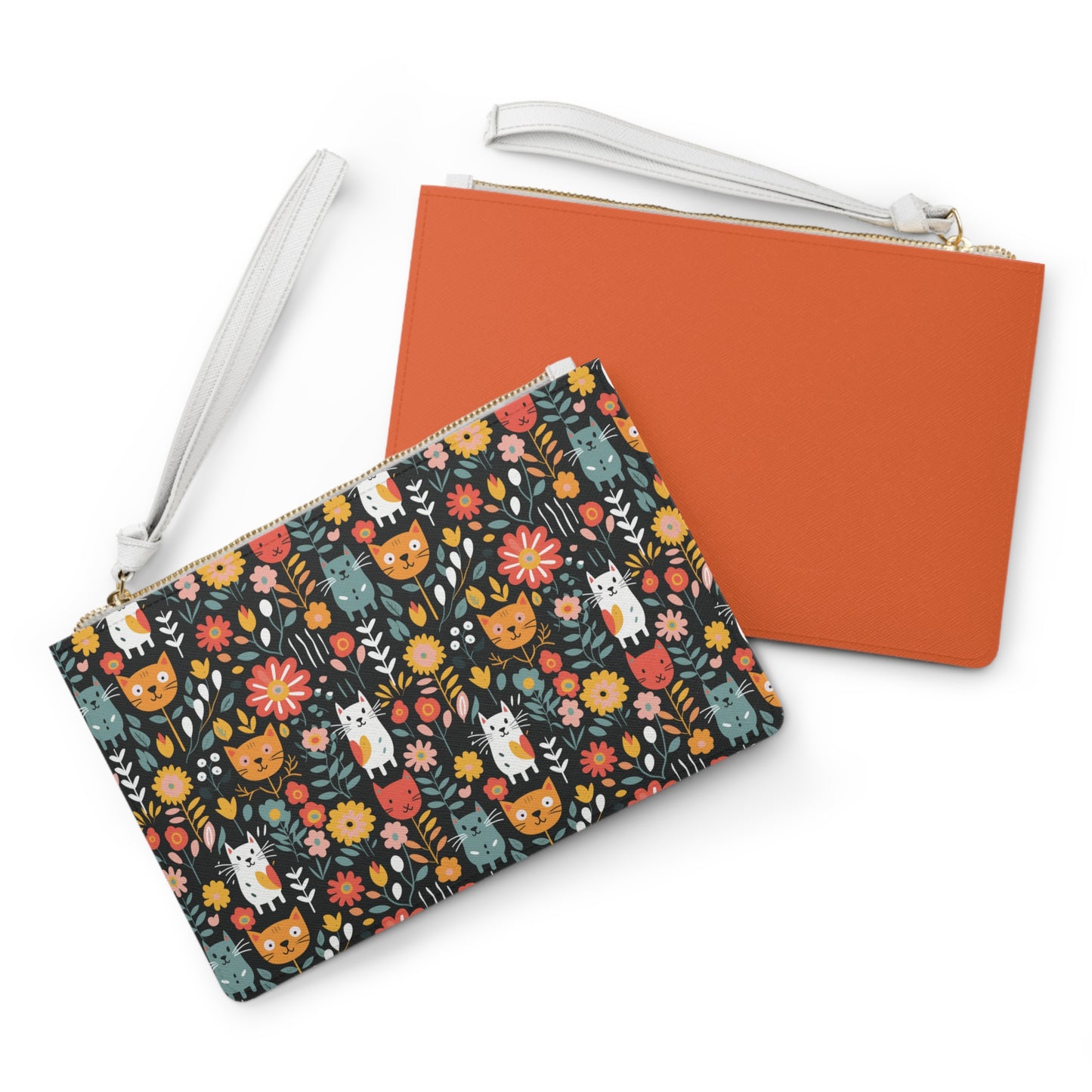 Whimsical Feline Garden Clutch Bag - Vegan Leather Saffiano Pattern Fashionista On-the-Go Zip Fastening Wrist Strap.