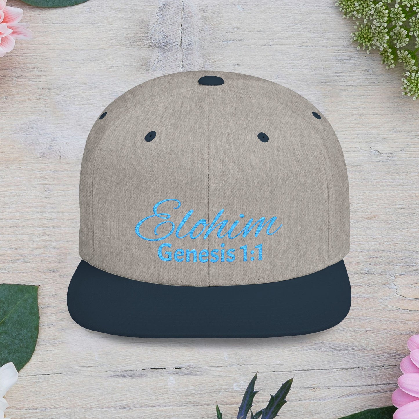 Teal Embroidery 'ELOHIM, GENESIS 1:1' Flat Bill Snapback Hat, Stylish Cap for Everyday Wear, Church Events, Gift for Him/Her, Streetwear Accessory, Casual Fashion