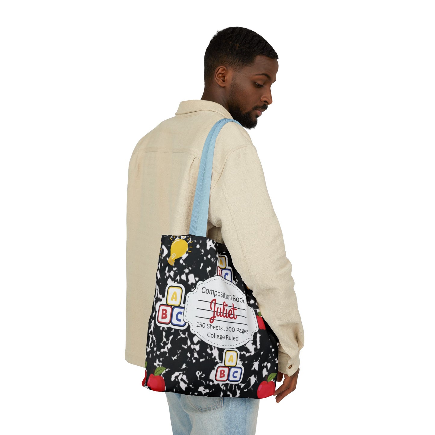 Personalized Black Composition Book Inspired Canvas Tote Bag with Colorful Straps, Cute School Bag, Eco-Friendly Tote, Back to School Shopping Bag, Teacher Gift Idea