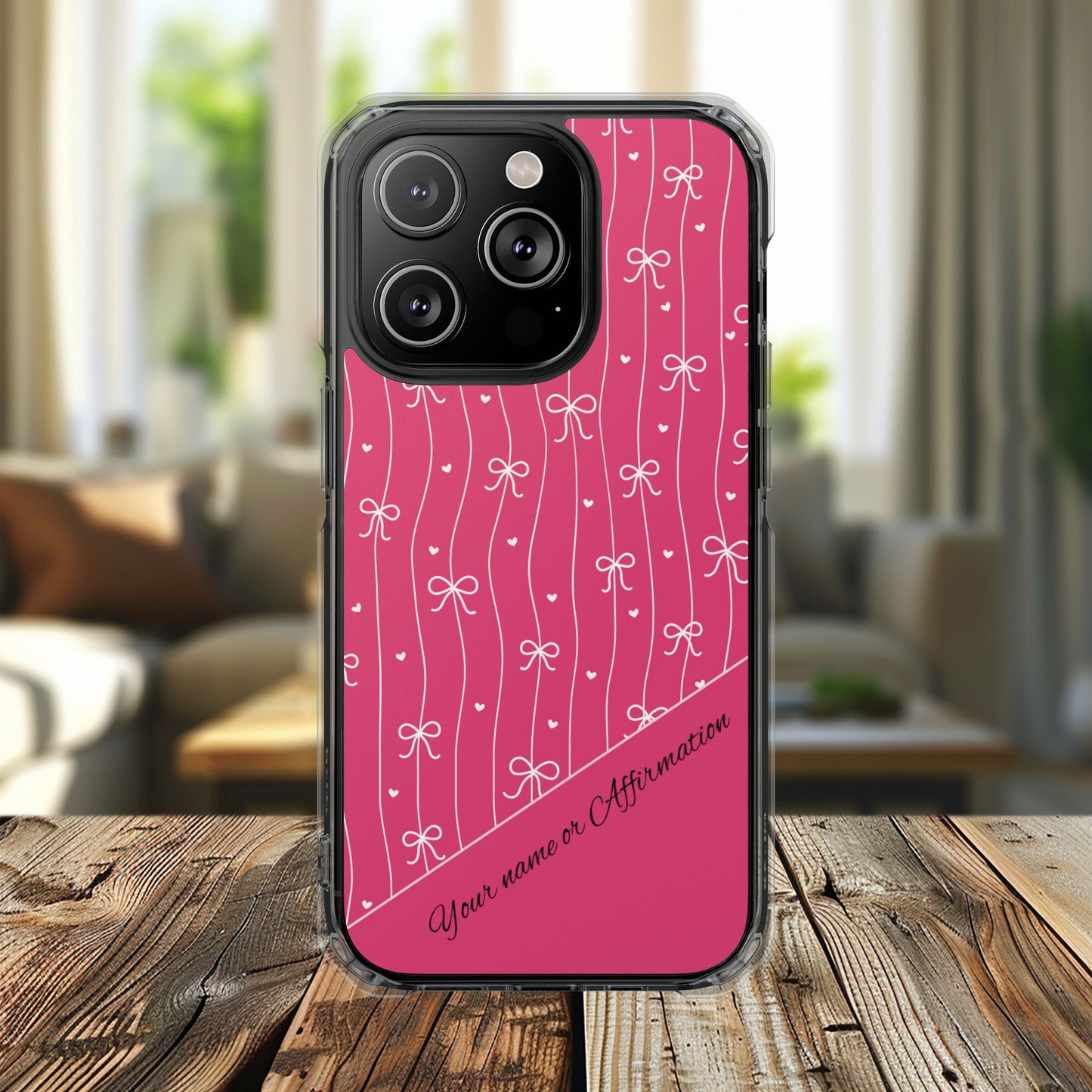Personalized Pink Bow Coquette Tough Magnetic MagSafe® Clear iPhone Case  iPhone® 13, 14, iPhone 15, iPhone 16, iPhone 17, Pro, Pro Max, Plus Cases.