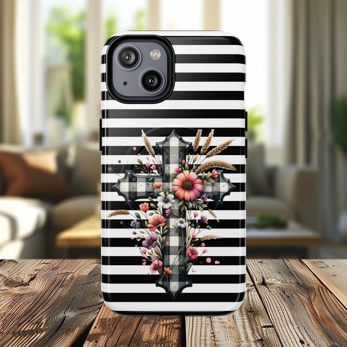 Grace in Bloom Tough Magnetic iPhone Case with Floral Cross Design, Boho iPhone Cover, Striped iPhone Case, Unique Religious Gift, Trendy Cell iPhone Accessory.