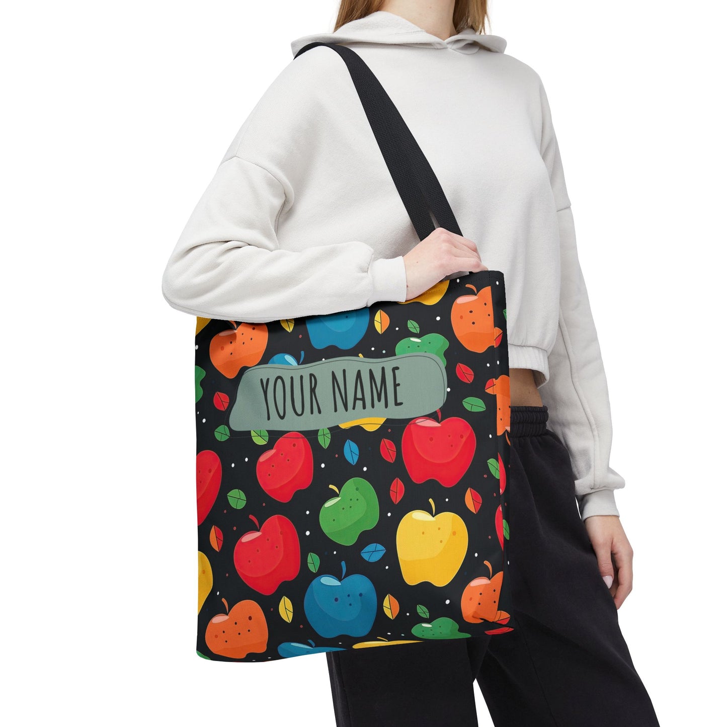 All-Over Apple Print Personalized Tote Bag — Durable Everyday Carry (3 Sizes, 5 Handle Colors)
